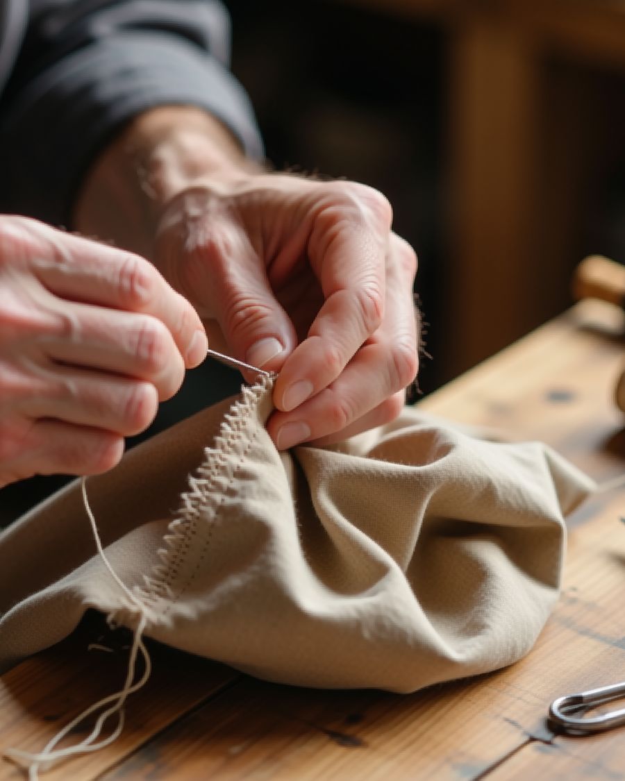 Hands stitching a folded fabric bag at a workbench