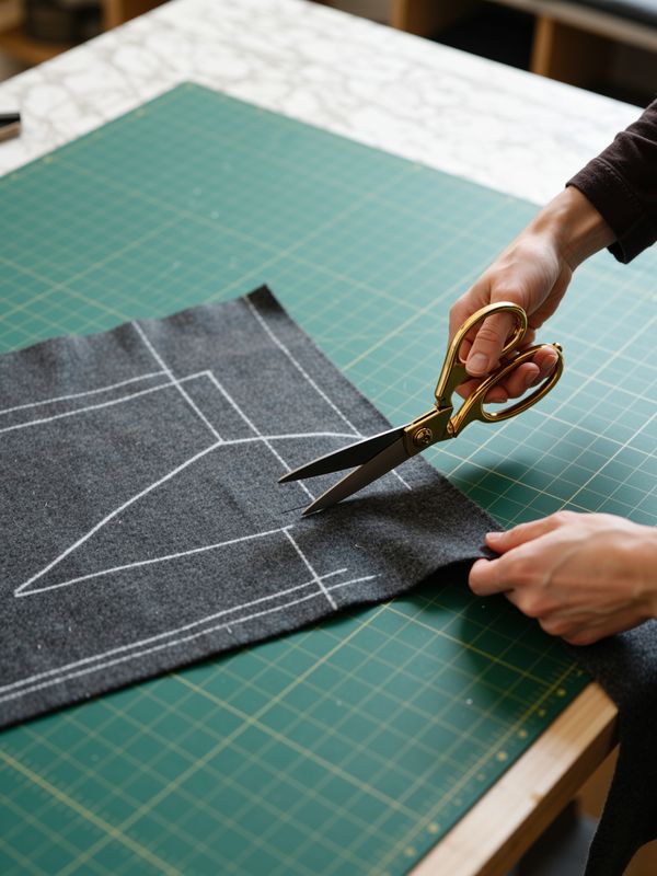 Craftsperson cutting a marked fabric panel with shears