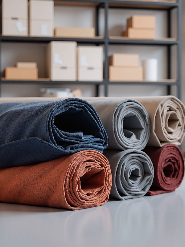 Rolled linen and cotton fabrics on a shelf