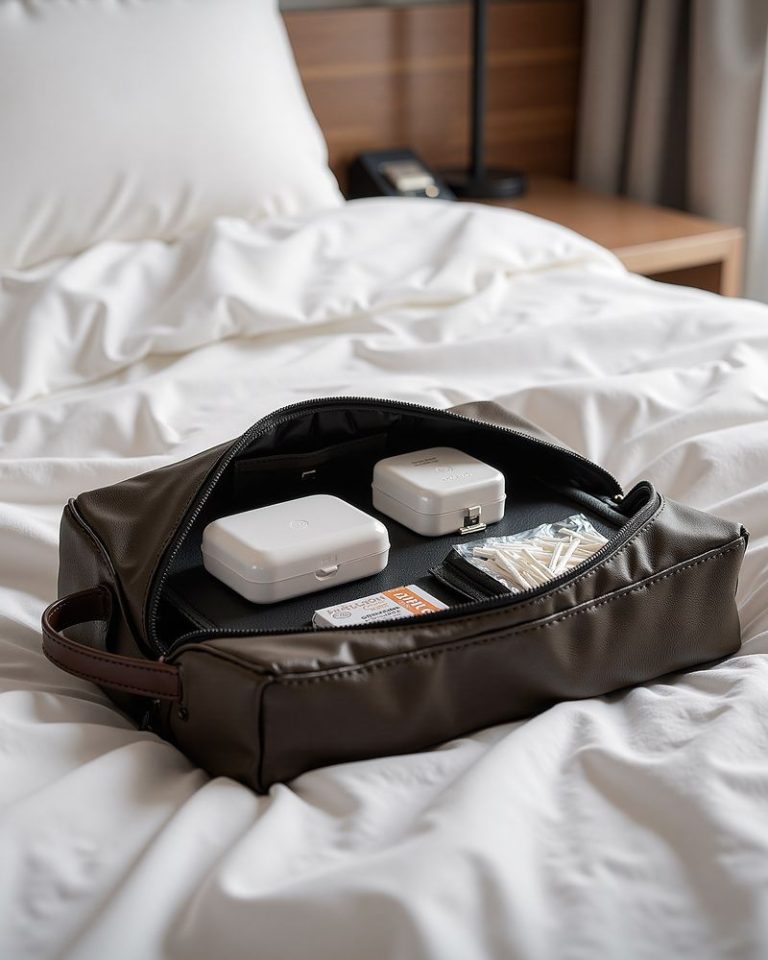 brown leather travel cosmetic bag on linen