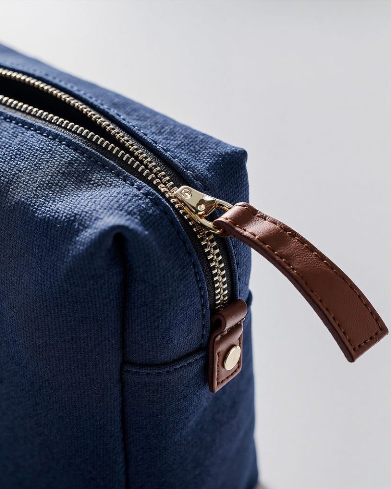 indigo dyed linen square cosmetic pouch