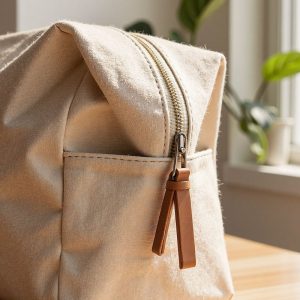 natural linen cosmetic pouch on wooden table