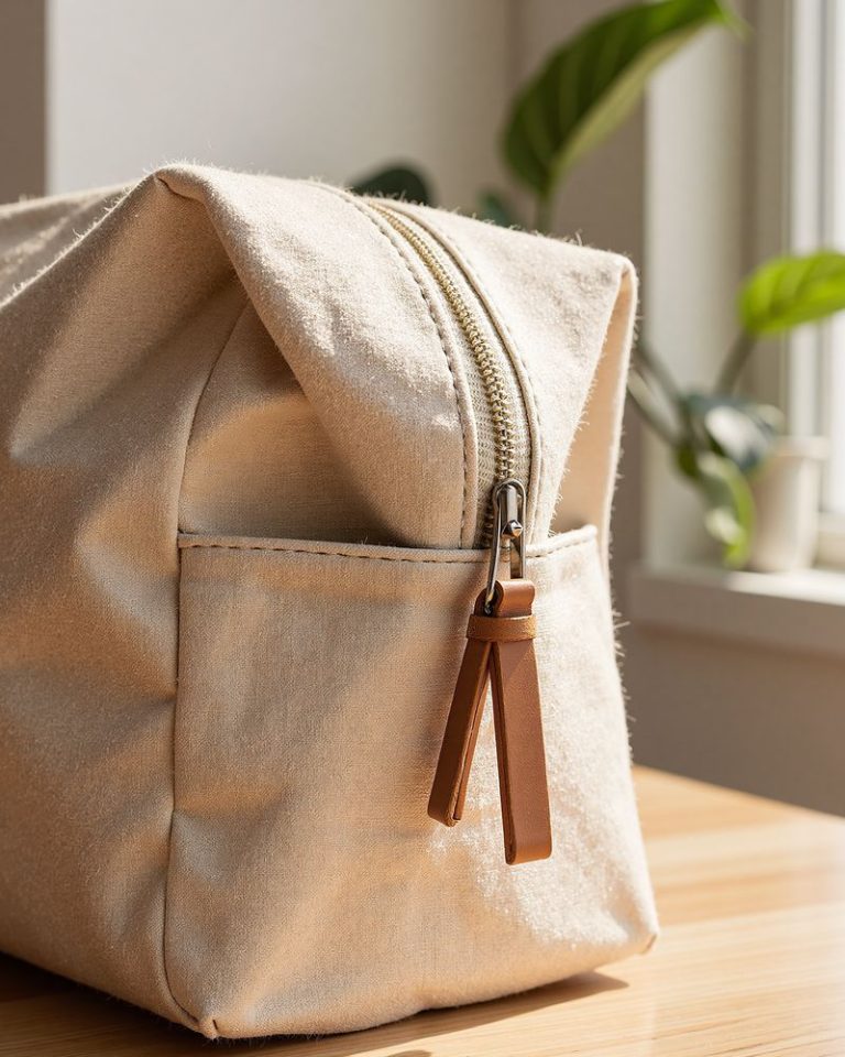 natural linen cosmetic pouch on wooden table