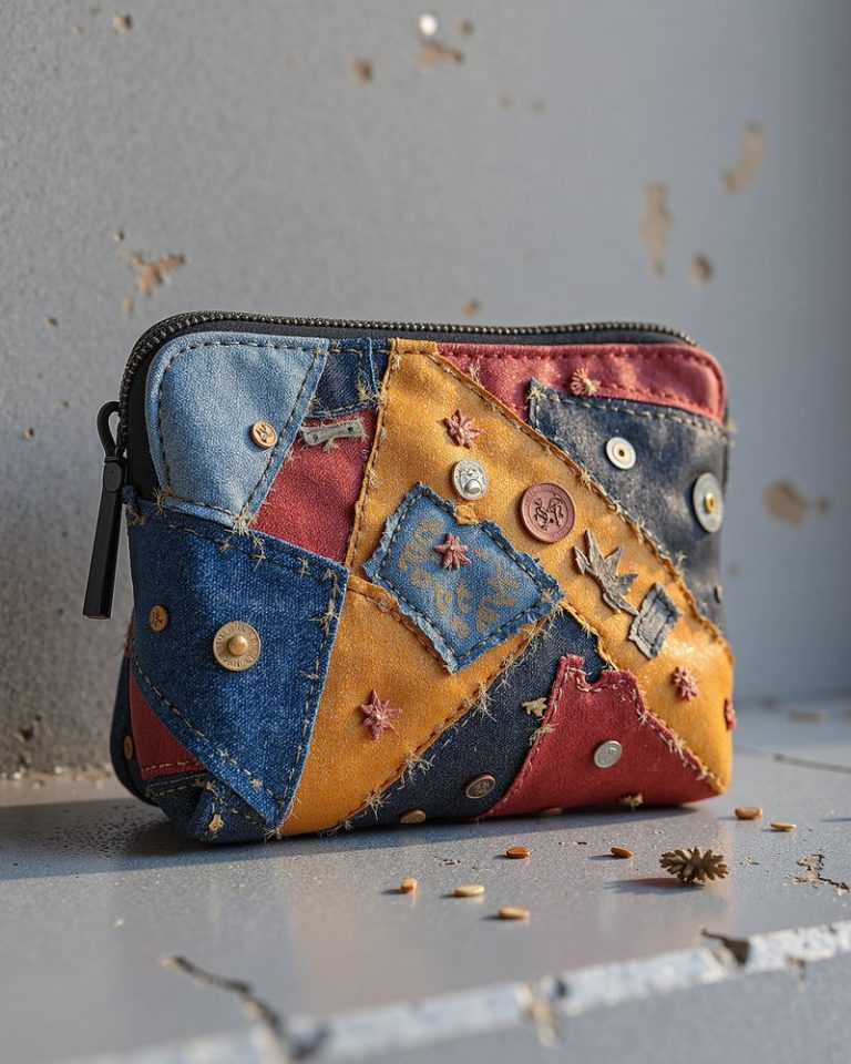 Patchwork cosmetic pouch made from colourful fabric scraps